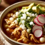 Close-up of a vibrant Chicken Pozole with garnishes and a clean background.