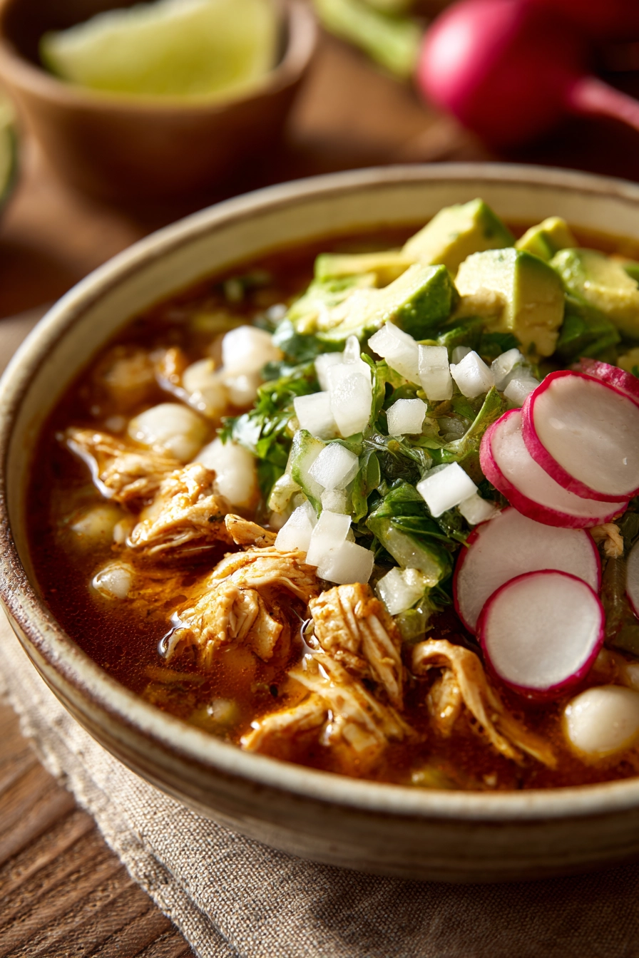 Close-up of a vibrant Chicken Pozole with garnishes and a clean background.
