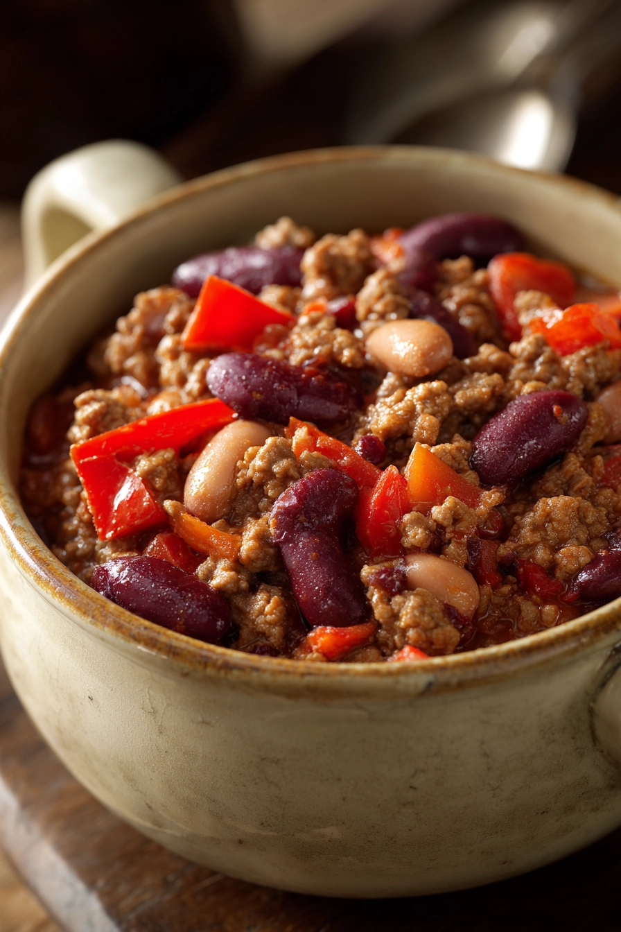 Close-up of Chili Con Carne with beans and spices in a warm, inviting setting.
