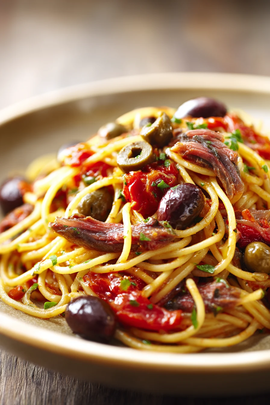 Close-up of Pasta Puttanesca with creamy sauce and herbs on a clean background.