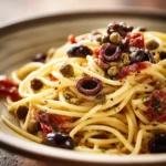 Close-up of Pasta Puttanesca with vibrant sauce and garnishes