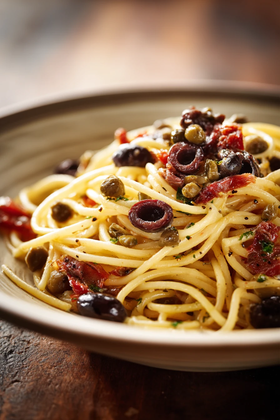 Close-up of Pasta Puttanesca with vibrant sauce and garnishes