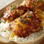 Close-up of smothered chicken and rice with creamy sauce and herbs