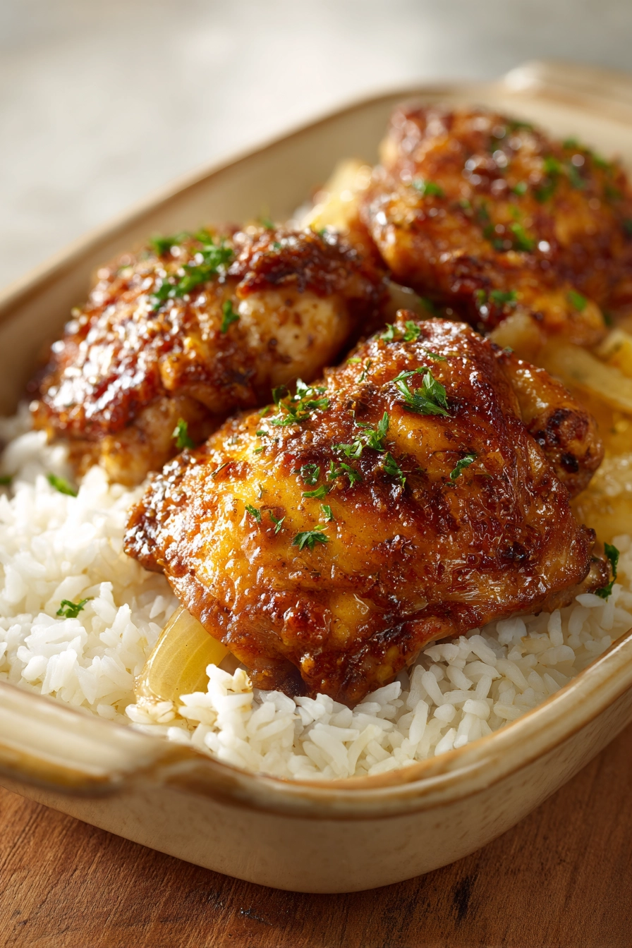 Close-up of smothered chicken and rice with creamy sauce and herbs
