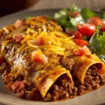 Close-up of Tex-Mex enchiladas with melted cheese and sauce, garnished with herbs.