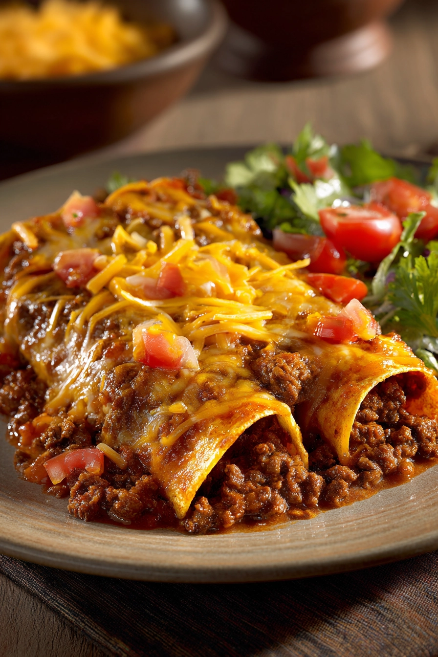 Close-up of Tex-Mex enchiladas with melted cheese and sauce, garnished with herbs.