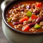 Close-up of Easy Crockpot Chili Soup with visible beans and tomatoes in a white bowl