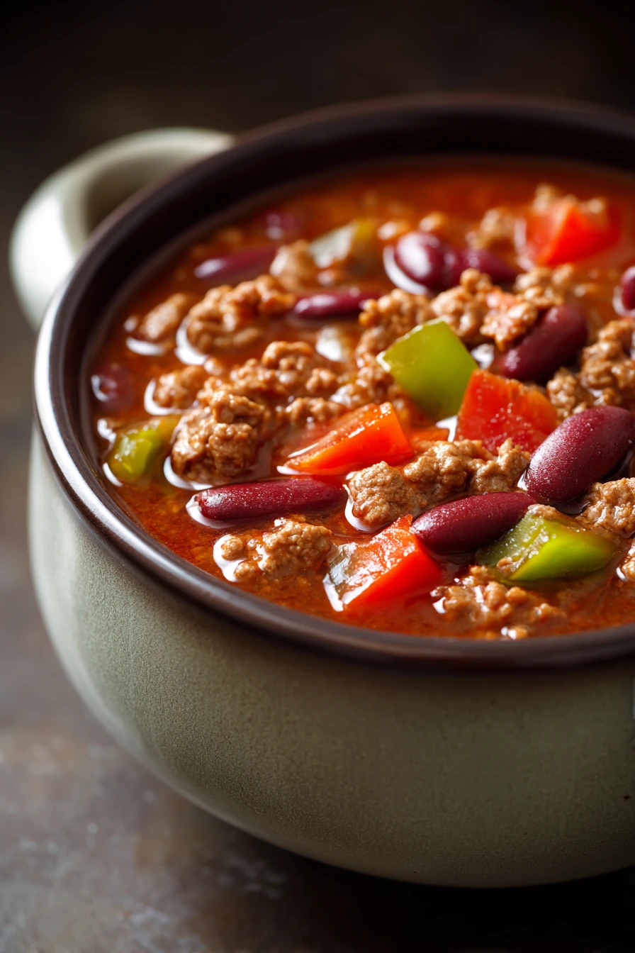 Close-up of Easy Crockpot Chili Soup with visible beans and tomatoes in a white bowl
