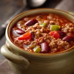 Close-up of a hearty crockpot chili soup with beans and tomatoes in a white bowl.