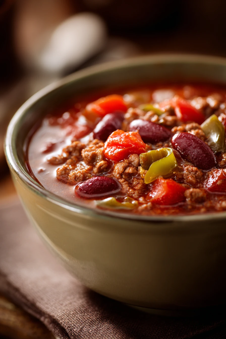 Close-up of a hearty chili soup with beans and tomatoes in a white bowl.