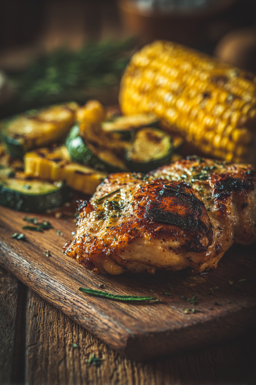 Close-up shot of garlic butter chicken with sautéed zucchini and grilled corn on a rustic wooden surface, warm natural lighting highlighting the textures and colors of the dish