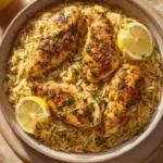 Close-up of Garlic Butter Lemon Chicken Orzo with creamy sauce and herbs
