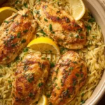 Close-up of Garlic Butter Lemon Chicken Orzo with creamy sauce and herbs