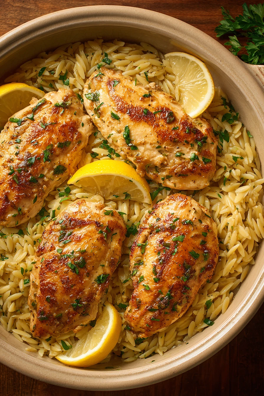 Close-up of Garlic Butter Lemon Chicken Orzo with creamy sauce and herbs