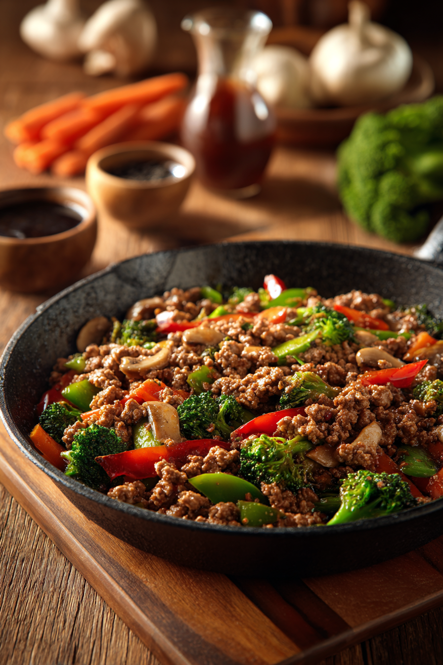 Close-up image of ground turkey teriyaki stir fry with colorful vegetables in a rustic skillet, showing glossy teriyaki sauce and warm lighting