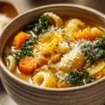 Close-up of Italian Penicillin Soup with chicken and vegetables in a bright setting.
