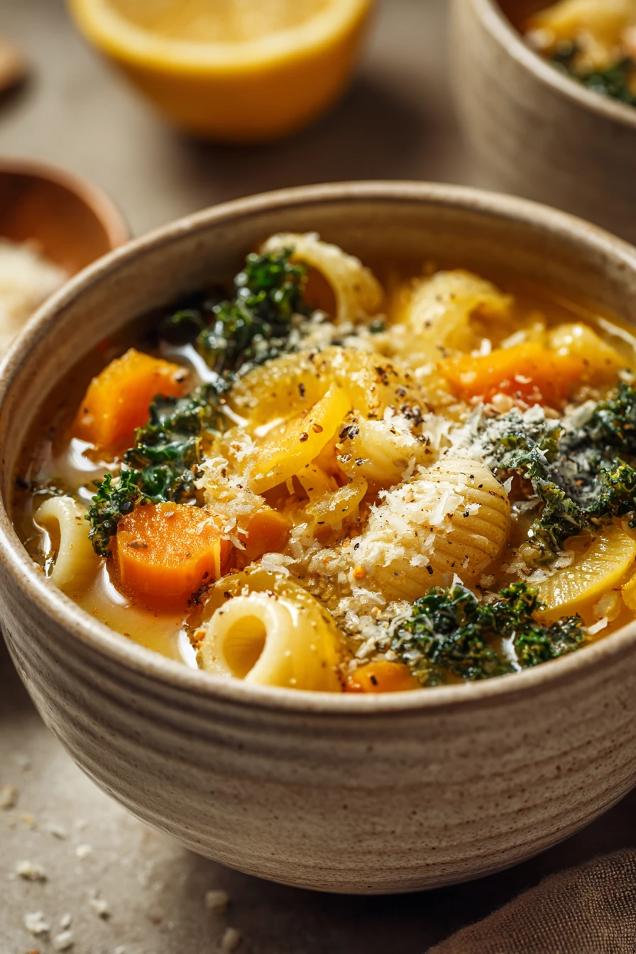 Close-up of Italian Penicillin Soup with chicken and vegetables in a bright setting.
