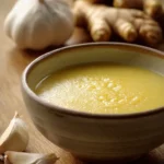 Close-up of Italian Penicillin Soup with herbs and vegetables in a bowl