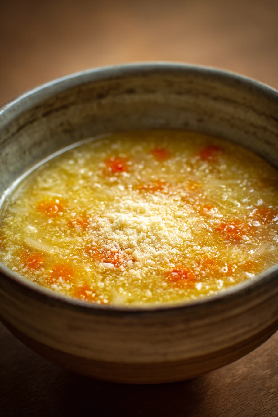 Close-up of Italian Penicillin Soup with chicken and herbs in a bright setting.