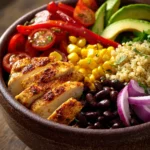 Close-up of a Mexican Chicken Quinoa Bowl with vibrant ingredients