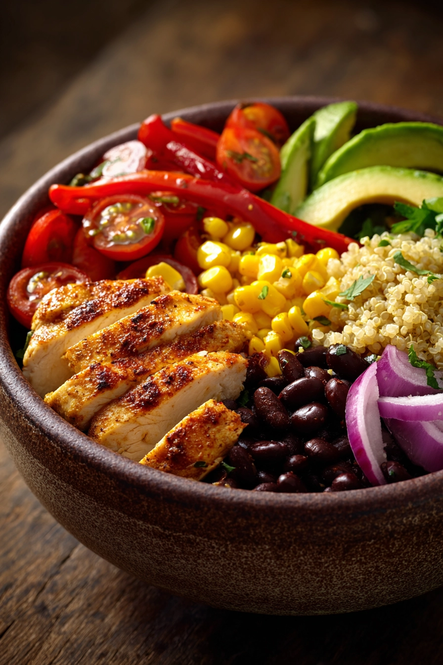 Close-up of a Mexican Chicken Quinoa Bowl with vibrant ingredients