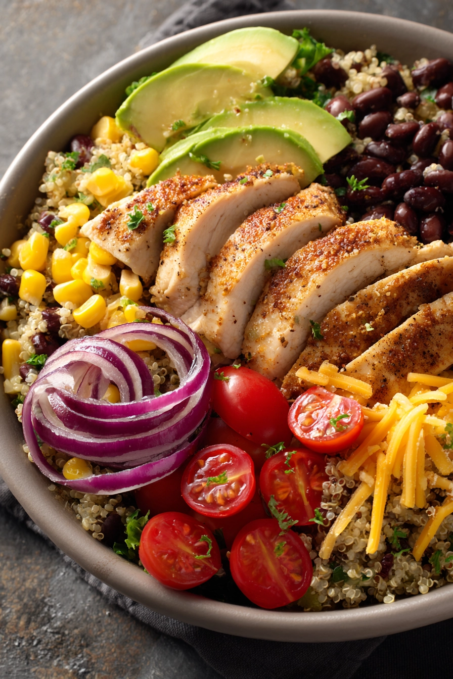 Close-up of a Mexican Chicken Quinoa Bowl with vibrant ingredients and a clean background