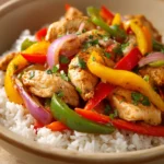 Close-up of Mexican chicken stir-fry with colorful vegetables in a bright setting.