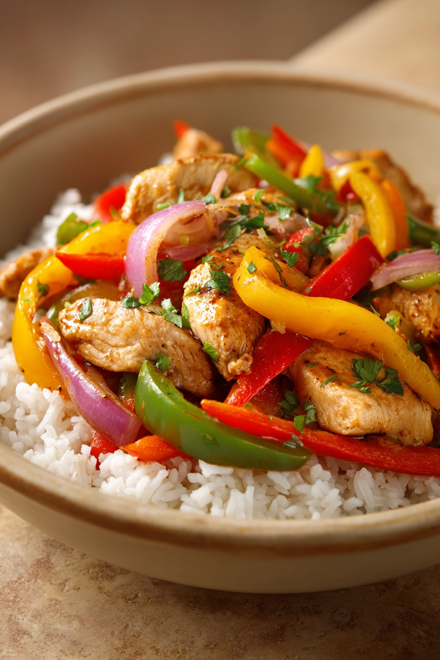 Close-up of Mexican chicken stir-fry with colorful vegetables in a bright setting.