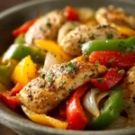Close-up of a vibrant Mexican chicken stir-fry with colorful vegetables and herbs.