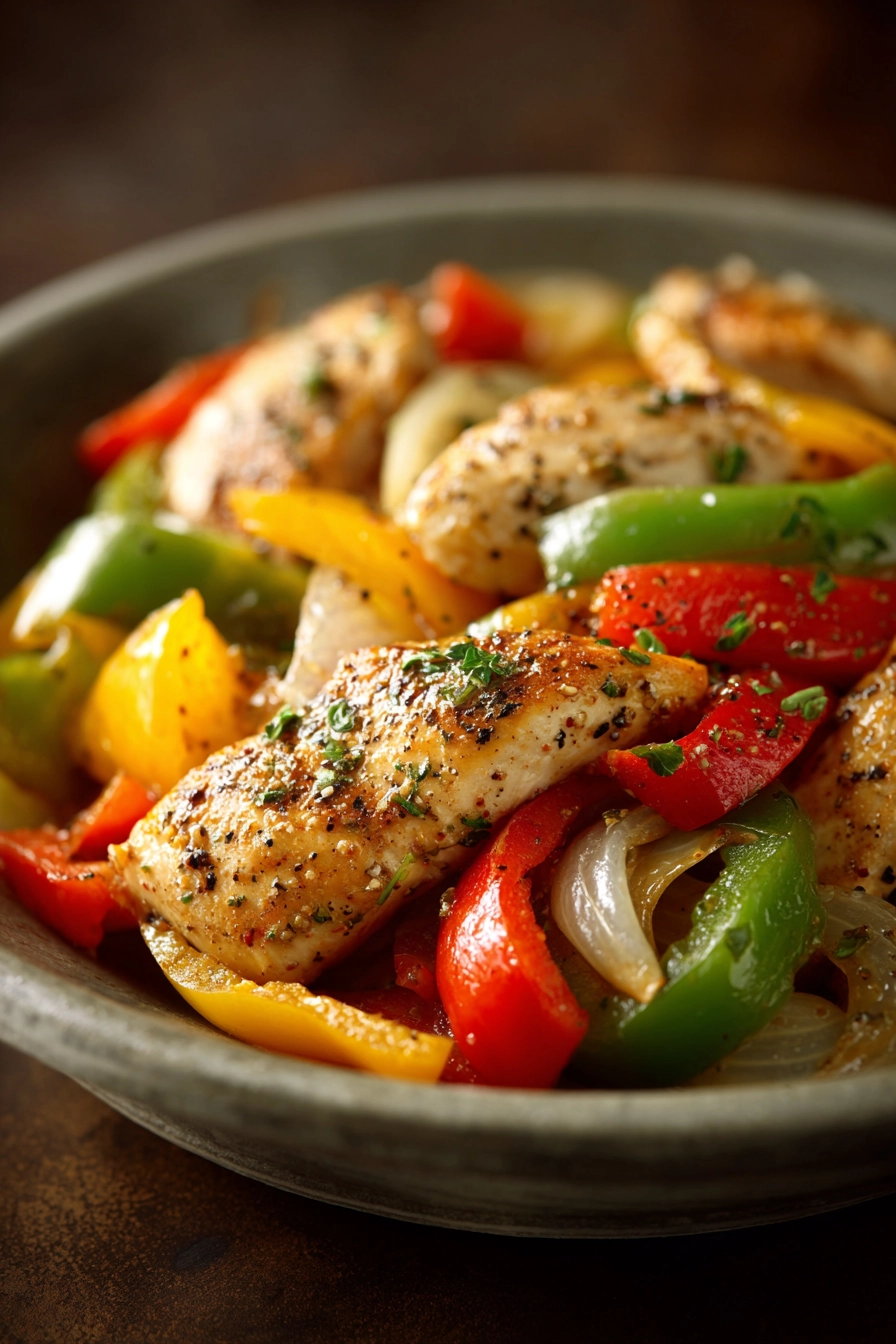 Close-up of a vibrant Mexican chicken stir-fry with colorful vegetables and herbs.