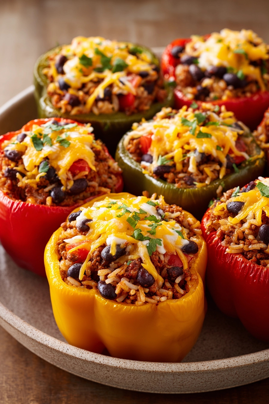 Close-up of vibrant Mexican stuffed peppers with a rustic presentation.