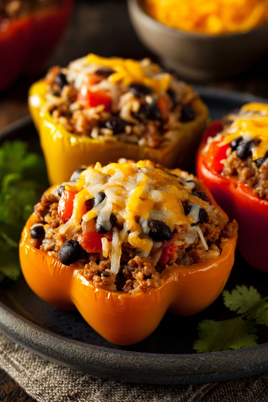 Close-up of vibrant Mexican stuffed peppers with a clean background
