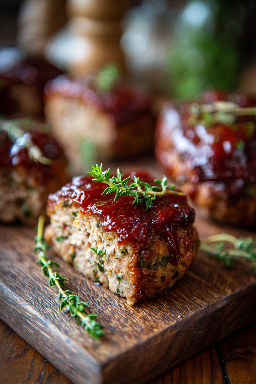 Close-up of mini turkey meatloaves on rustic wooden board with warm natural lighting, highlighting juicy texture and rich glaze