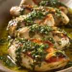 Close-up of Salsa Verde Chicken with bright green sauce and garnished with herbs
