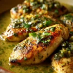 Close-up of Salsa Verde Chicken with creamy sauce and herbs