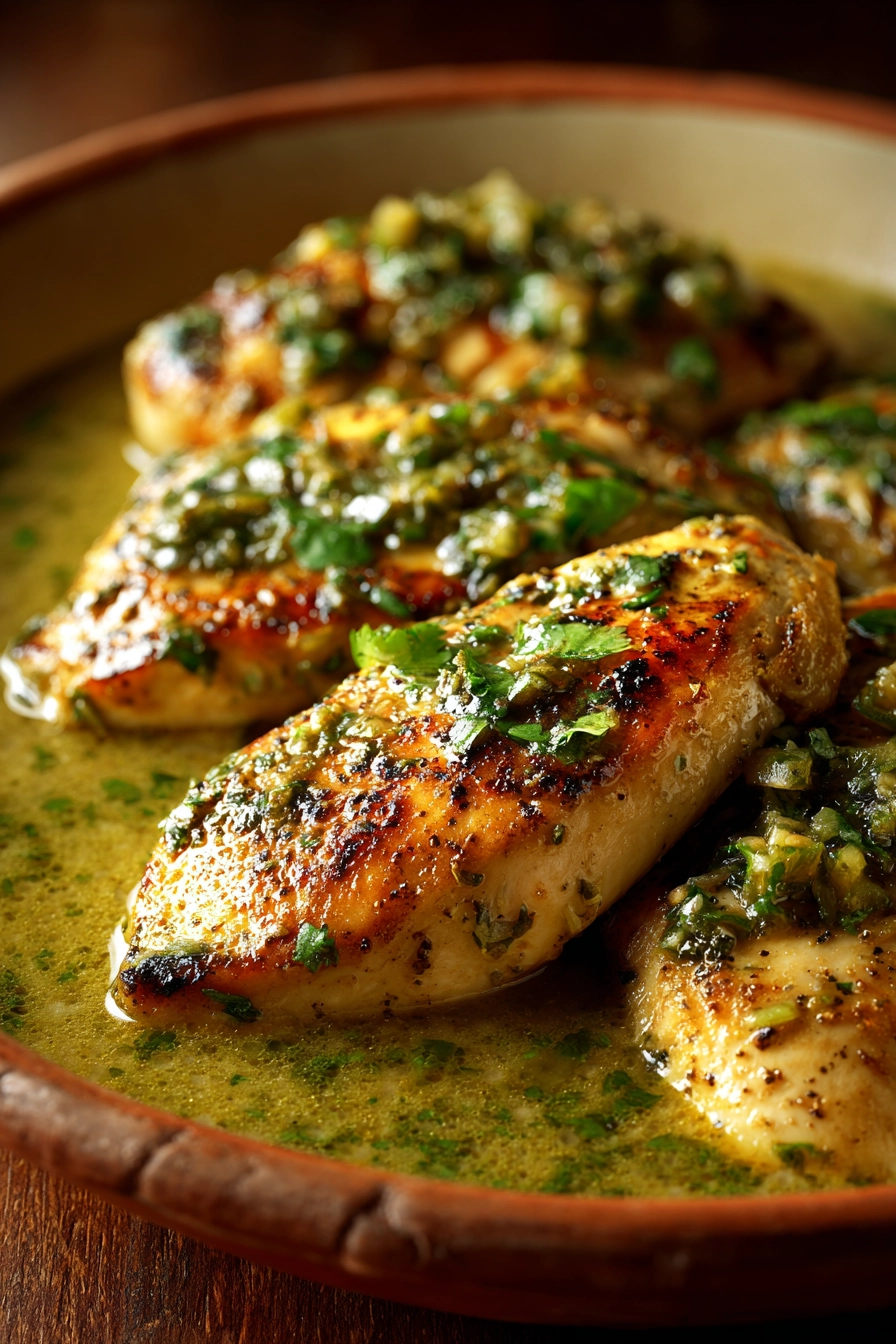 Close-up of Salsa Verde Chicken with creamy sauce and herbs