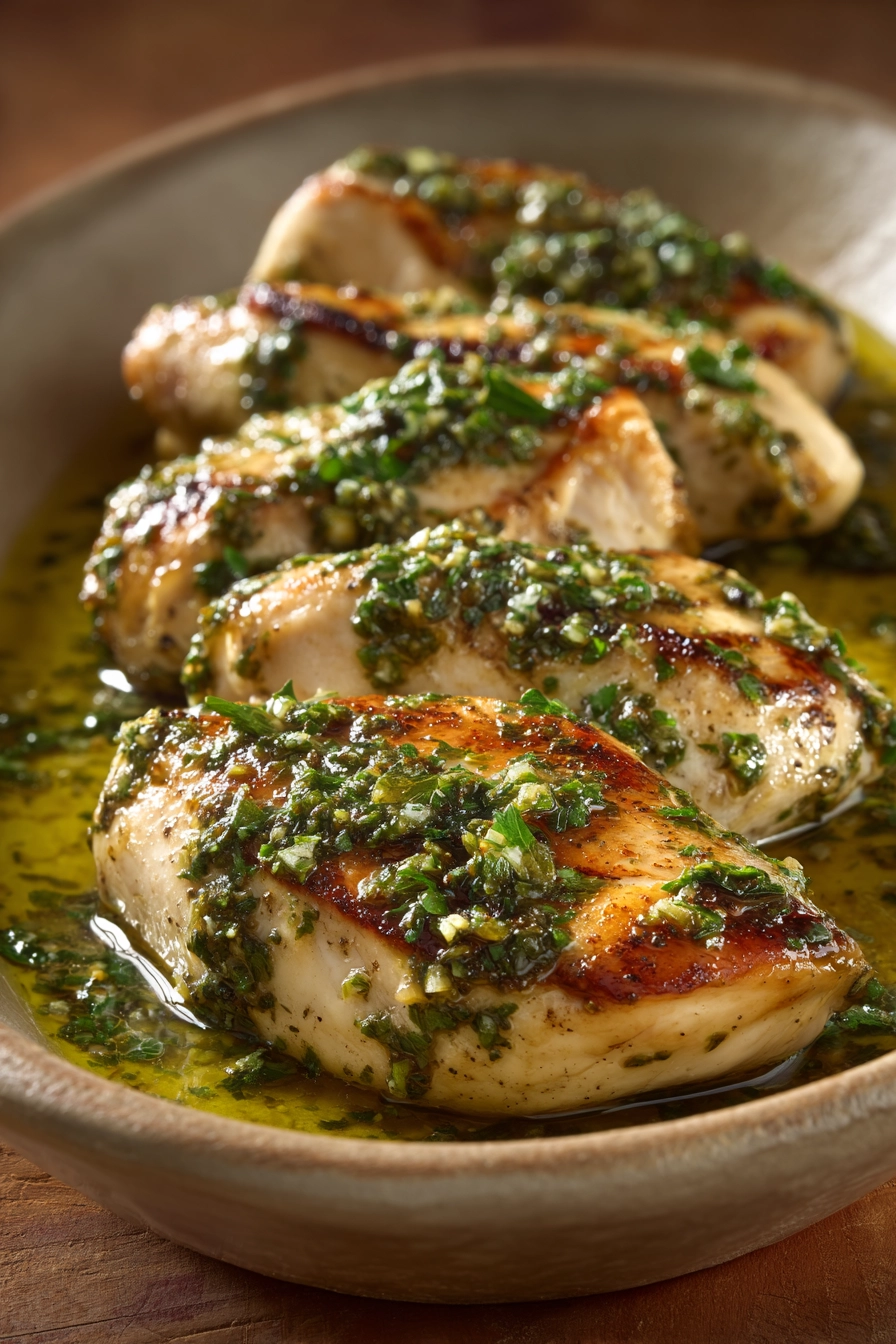 Close-up of Salsa Verde Chicken with bright green sauce and garnished with herbs