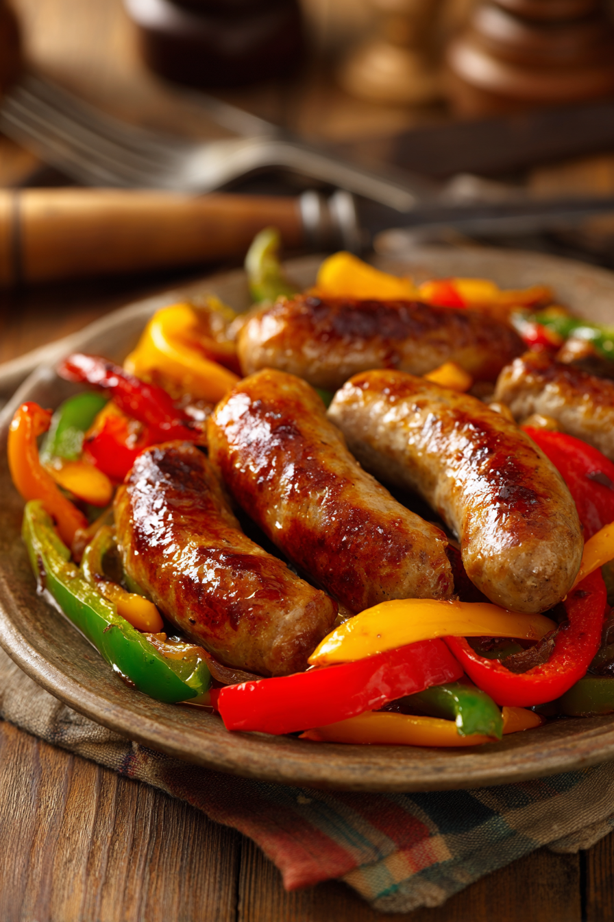 Close-up of golden brown sausage links with colorful roasted red, yellow, and green peppers on a rustic wooden surface under warm lighting
