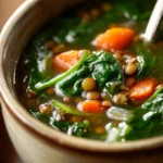 Close-up of Spinach, Lentil and Butter Bean Soup with visible spinach and beans in a bright setting