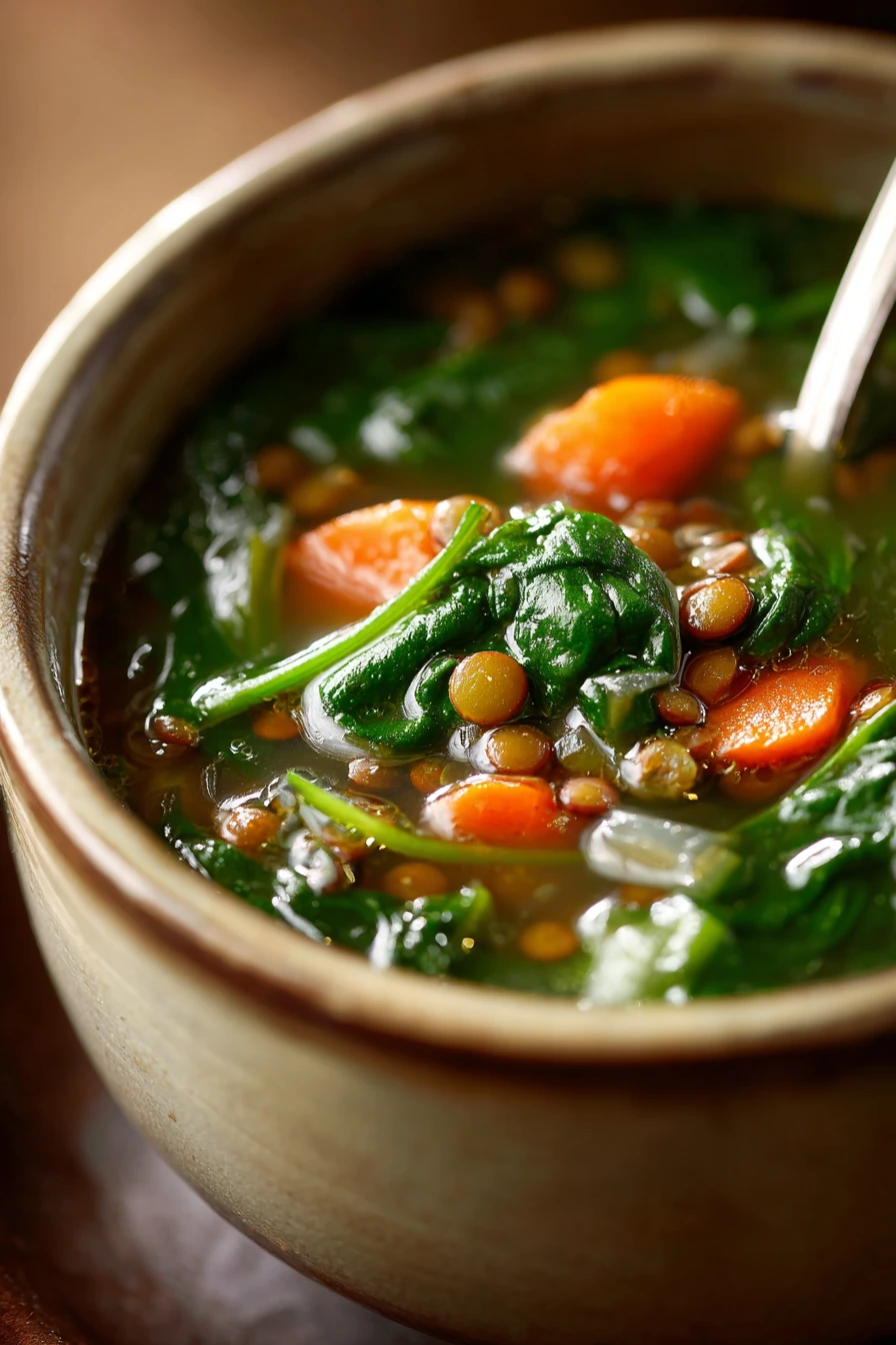 Close-up of Spinach, Lentil and Butter Bean Soup with visible spinach and beans in a bright setting