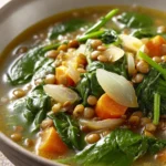 Close-up of Spinach, Lentil and Butter Bean Soup with visible spinach and beans in a bright setting.
