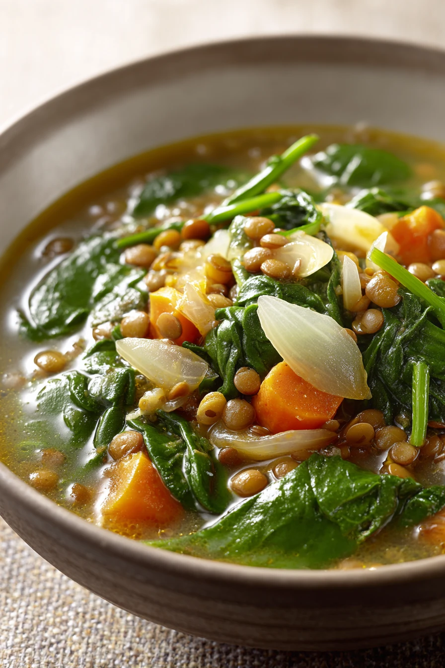 Close-up of Spinach, Lentil and Butter Bean Soup with visible spinach and beans in a bright setting.