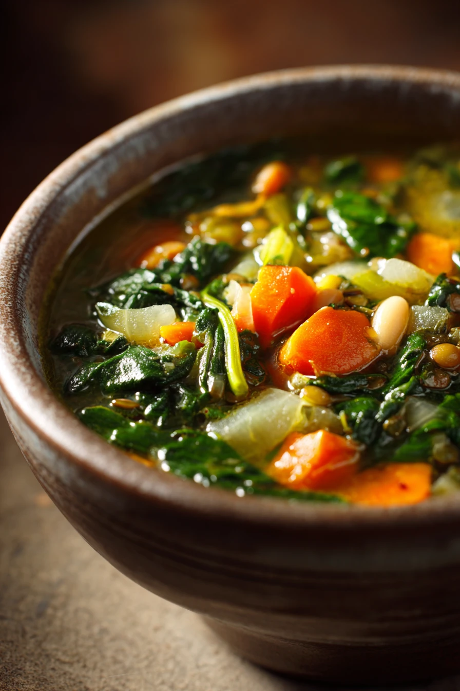 Close-up of Spinach, Lentil and Butter Bean Soup in a white bowl with a minimal background