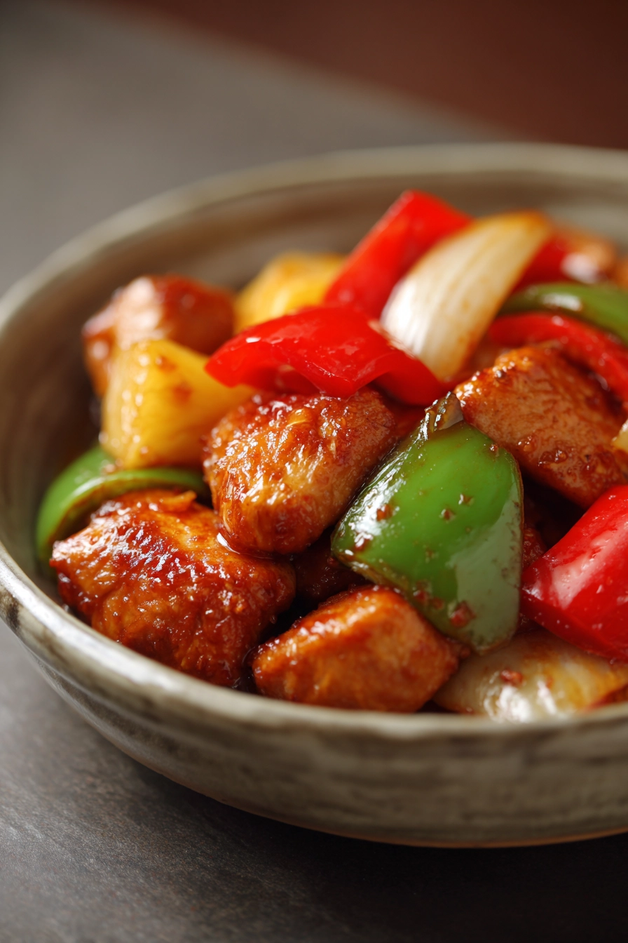 Close-up of Sweet and Sour Chicken with a glossy sauce and vibrant colors.
