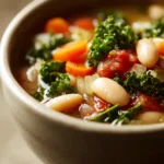 Close-up of Tuscan White Bean Soup with herbs and vegetables in a warm, inviting setting.