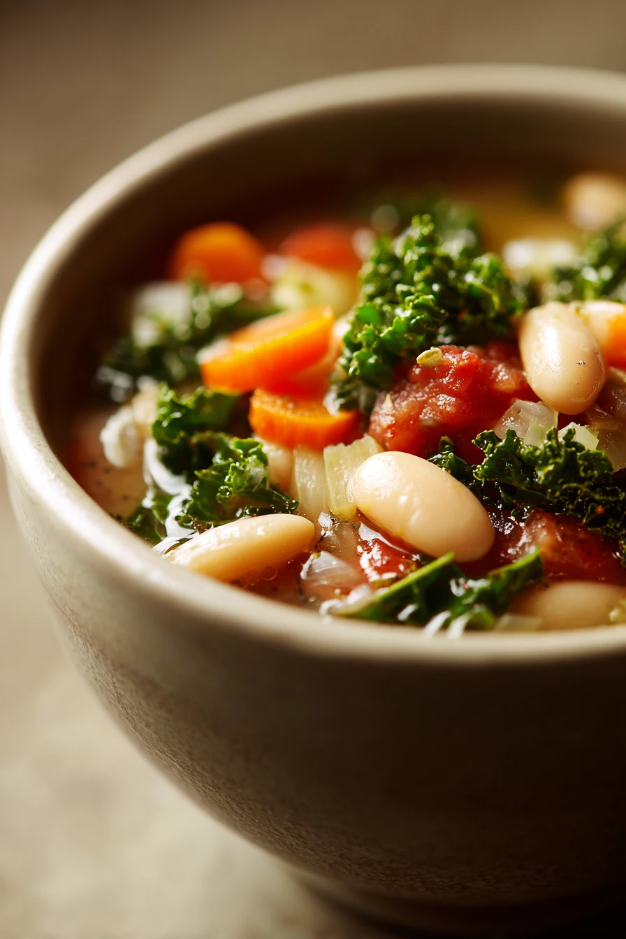 Close-up of Tuscan White Bean Soup with herbs and vegetables in a warm, inviting setting.