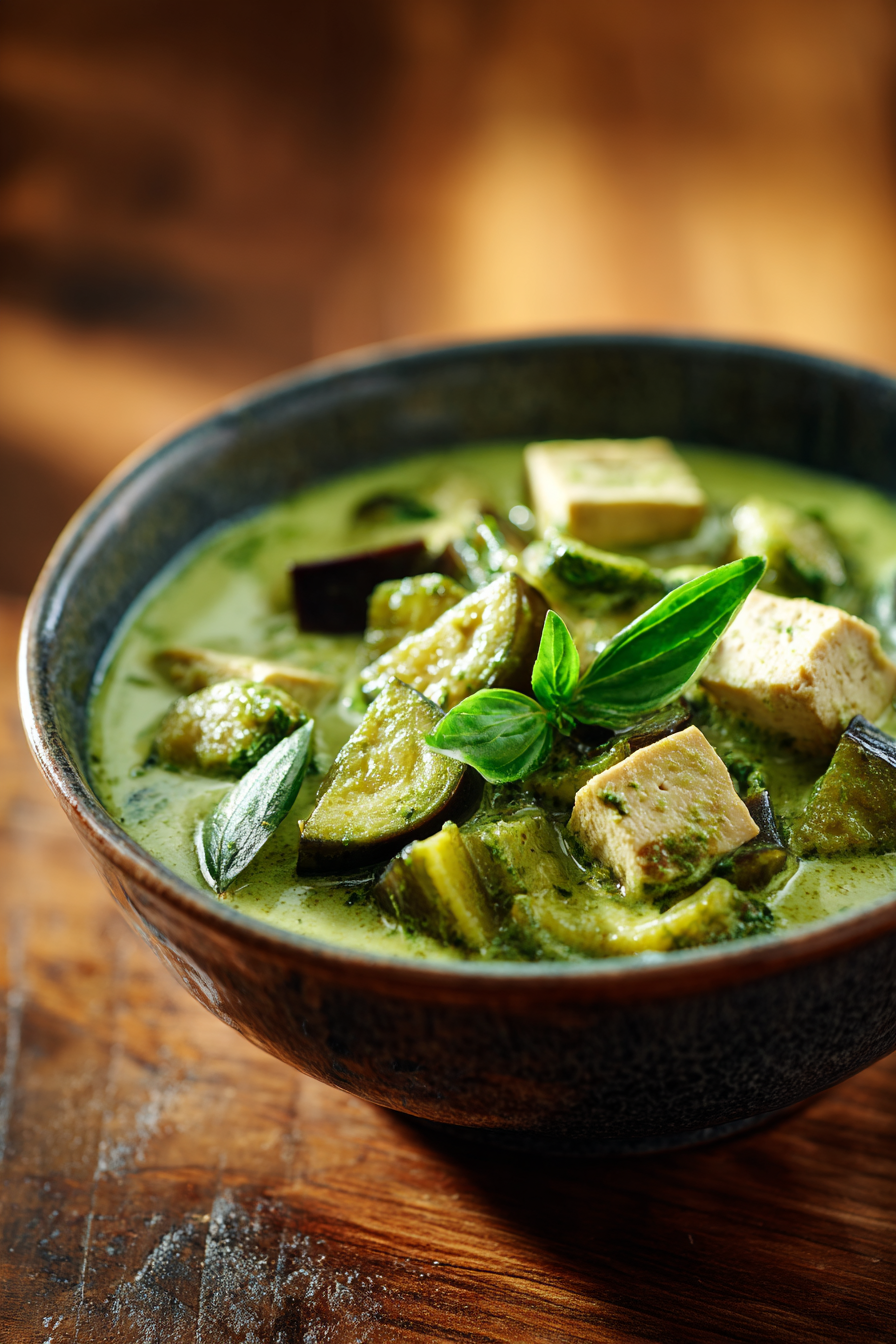 Close-up of a rustic bowl filled with vegetarian Thai green curry with tofu and vegetables, glowing in warm natural light on a wooden surface