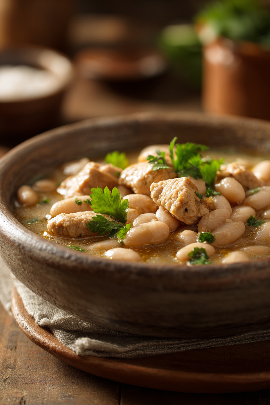 Close-up of a bowl filled with creamy white bean turkey chili, featuring tender turkey pieces and a rich broth on a rustic wooden surface with warm natural light.